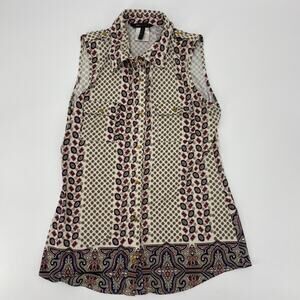 BCBGMAXAZRIA Sleeveless Snap Closure Top Size L Y2K Geo Print Collared Shirt